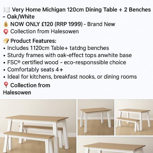 Buy & Sell Halesowen Dudley - Photos for Very Michigan 120cm Dining Table-2 Benches