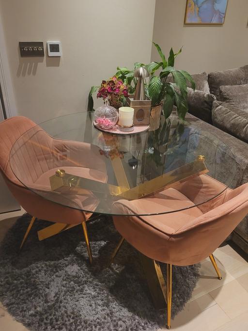 Buy & Sell West Norwood South East London - Photos for Glass and gold dining table with 2x chairs