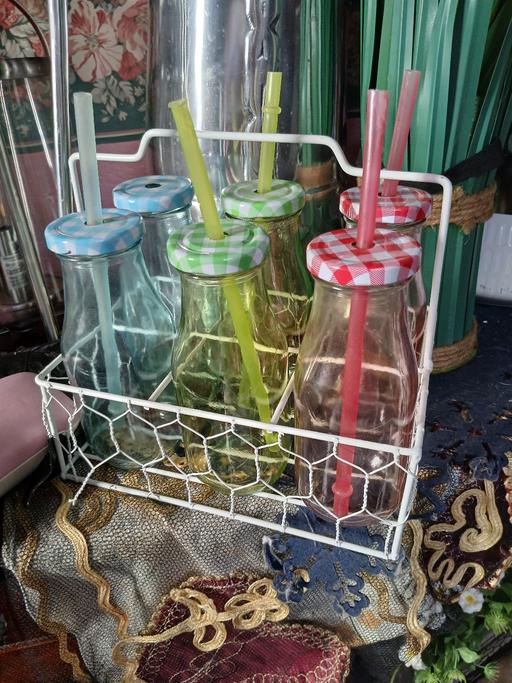 Buy & Sell Netherton Dudley - Photos for 6 kids glass bottles in metal grate one straw