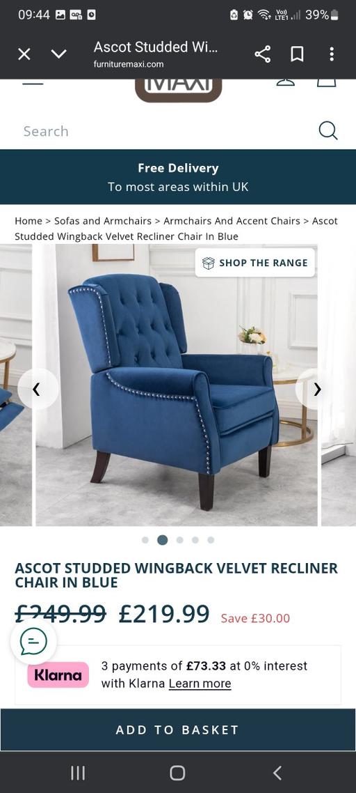 Buy & Sell Shacklewell North London - Photos for blue velvet recliner armchair