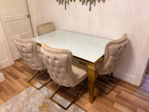 Buy & Sell - Photos for White + Gold Dining Table + Champagne Chair