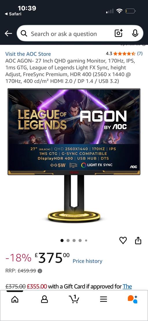 Buy & Sell Islington North London - Photos for AG275QXL Gaming Monitor
