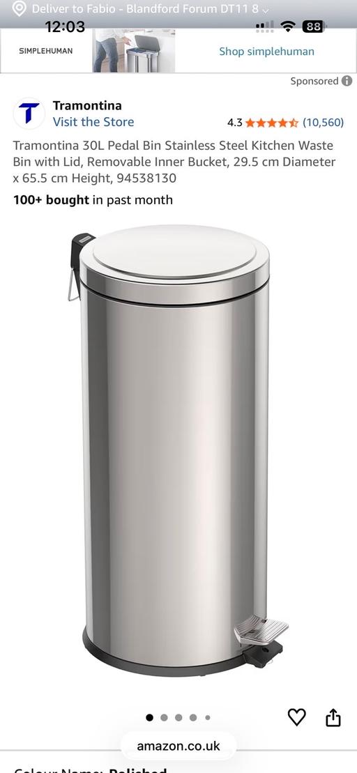 Buy & Sell Wimbledon South West London - Photos for Tramontina 30L pedal bin stainless steel .