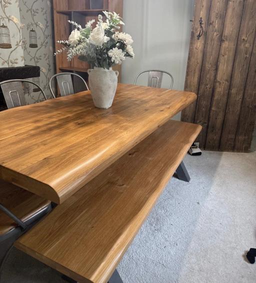 Buy & Sell - Photos for Solid oak table plus four chairs and bench