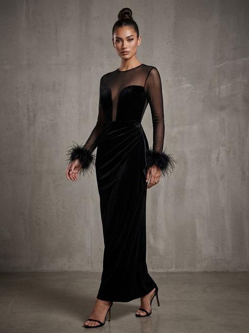  — Lovely black bodycon dress withfeather 001524