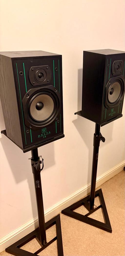  — Warfdale speakers with stands.