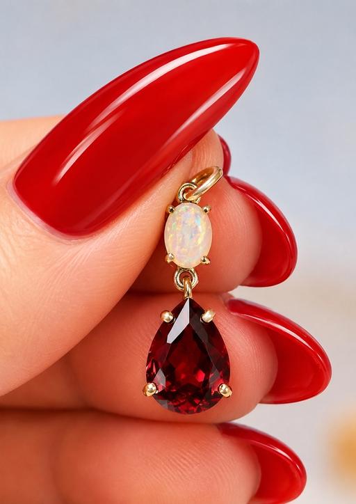  — Fine 9ct Gold Opal and Garnet Drop Pendant