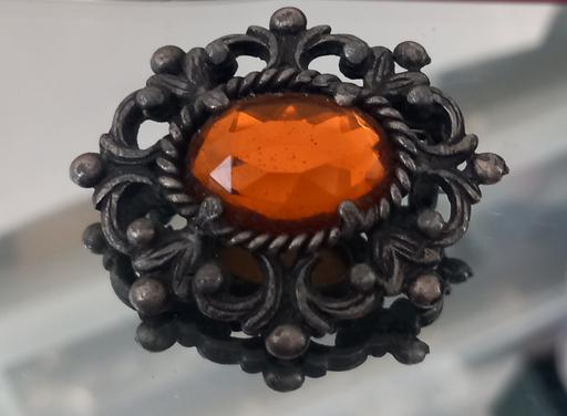  — Vintage pewter amber glass brooch