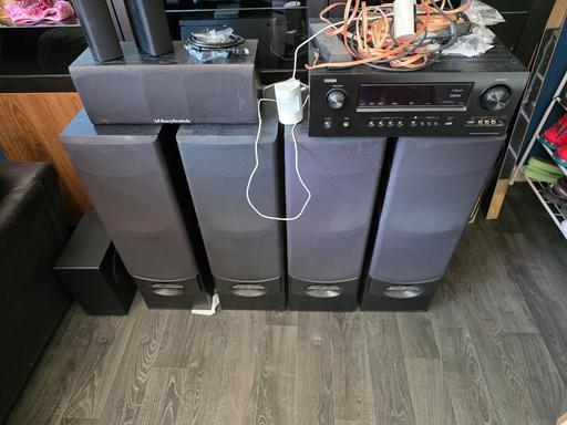  — amp and 5 massive speakers denon/wharfdale