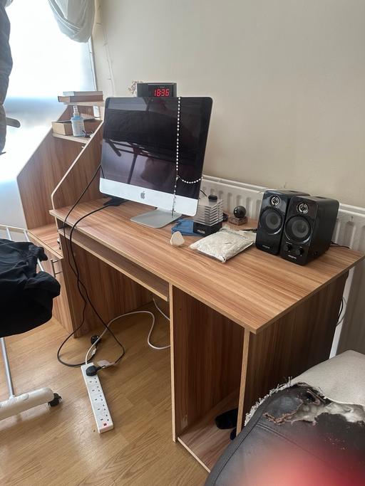  — Large wooden desk with built in shelves