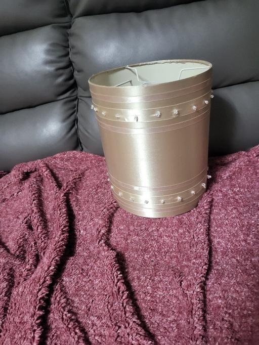  — champagne-colored drum lamp shade featuring s