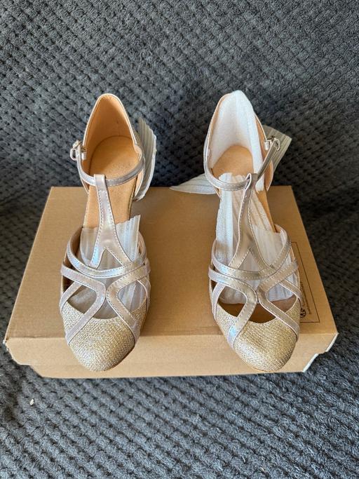  — Womens gold strapped healed shoes.