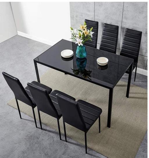  — Black Glass Dining Table Set with 6 Chairs