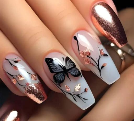  — Press-On Nails, Coffin butterfly art design