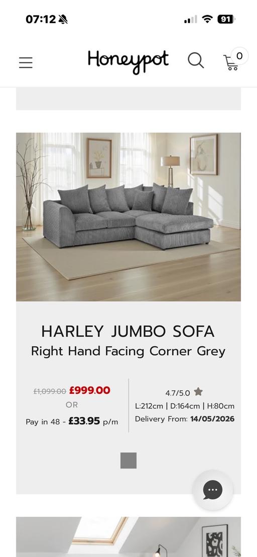  — Right hand grey jumbo cord sofa & tub chair