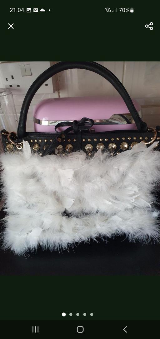  — ladies feather trim bag NEW