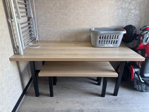  — Oak and Black Dining Table and Benches