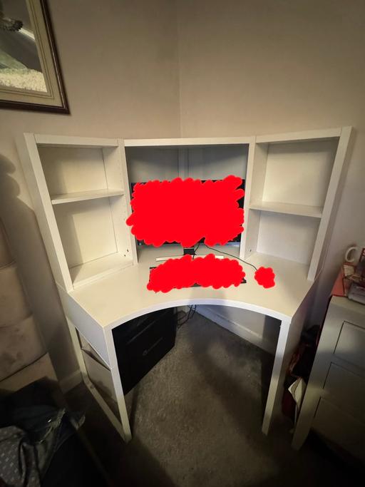  — IKEA MICKE white corner desk with shelves