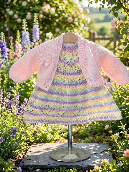  — Newborn Hand knitted Dress And Cardigan Set