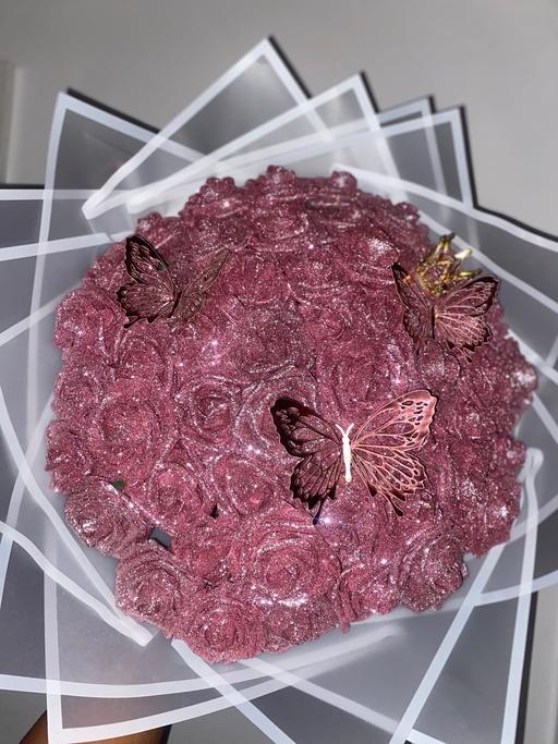  — glitter pink rose bouquet with butterfly