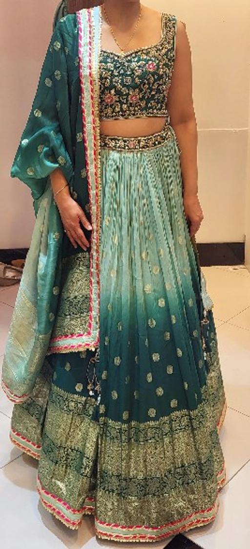  — Sea Green Lengha with Popping pink embroidery
