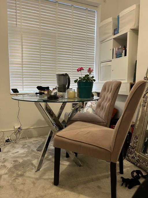  — Baby pink velvet chairs and glass table
