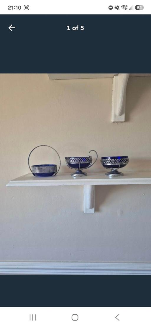  — Set of 3 Vintage Blue Glass Bowls with Metal