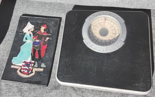  — retro 1980s bathroom scales & 70s wall plaque