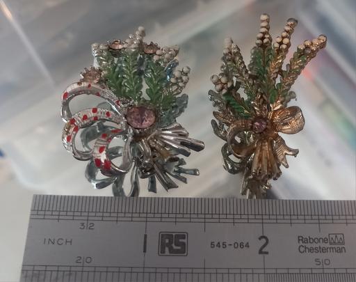  — 2 vintage amythest enamel heather brooches