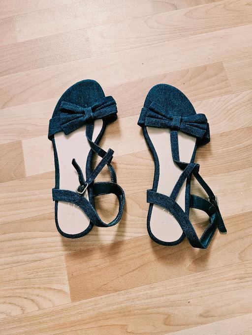  — Denim style sandals, size 9.