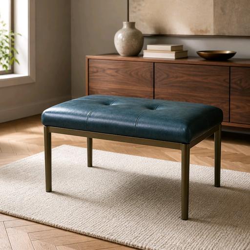  — Blue Leather Footstool With Gold Metal Legs