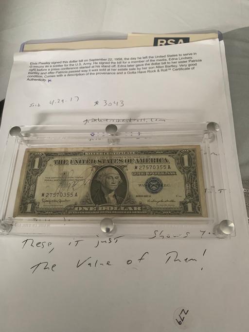  — One dollar Elvis signed 1958 and COA rare