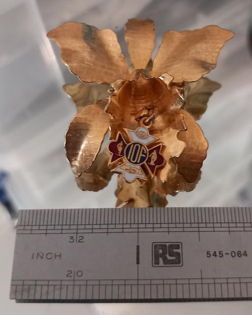  — Enamel Gold plated foresters orchid brooch