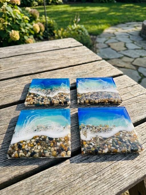  — Handmade Ocean Resin & Wood coasters set of 4