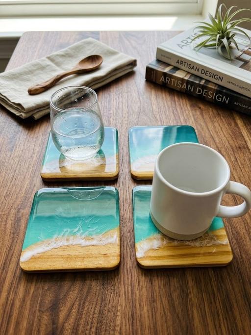 — Handmade Ocean Resin & Wood Coasters set of 4