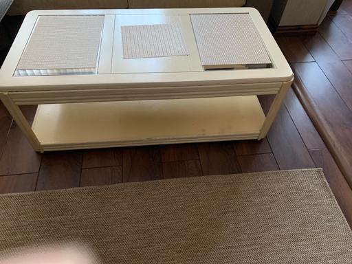 — Cream beige glass coffee side table & wheels