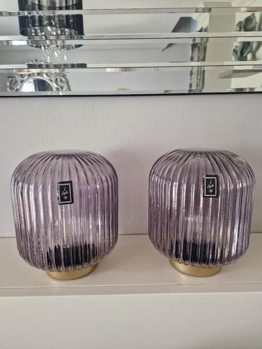  — 2 new large grey glass  table lamps