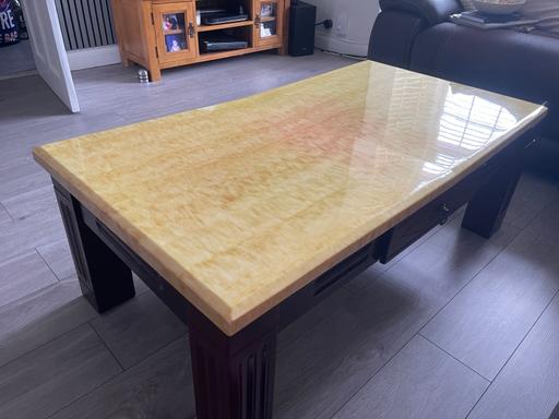  — Wooden brown/beige marble top coffee table