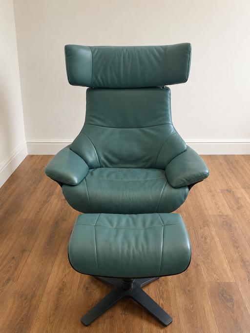  — Turquoise Leather Recliner Chair & Footstool