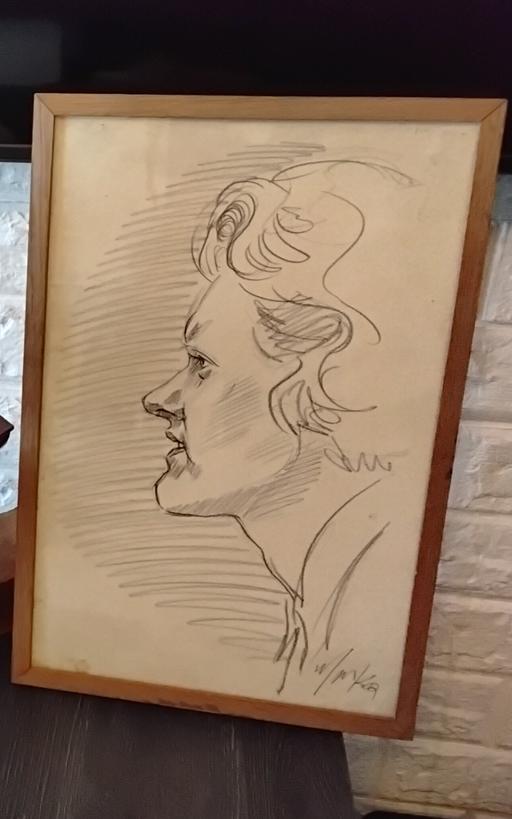  — vintage framed female profile signed sketch