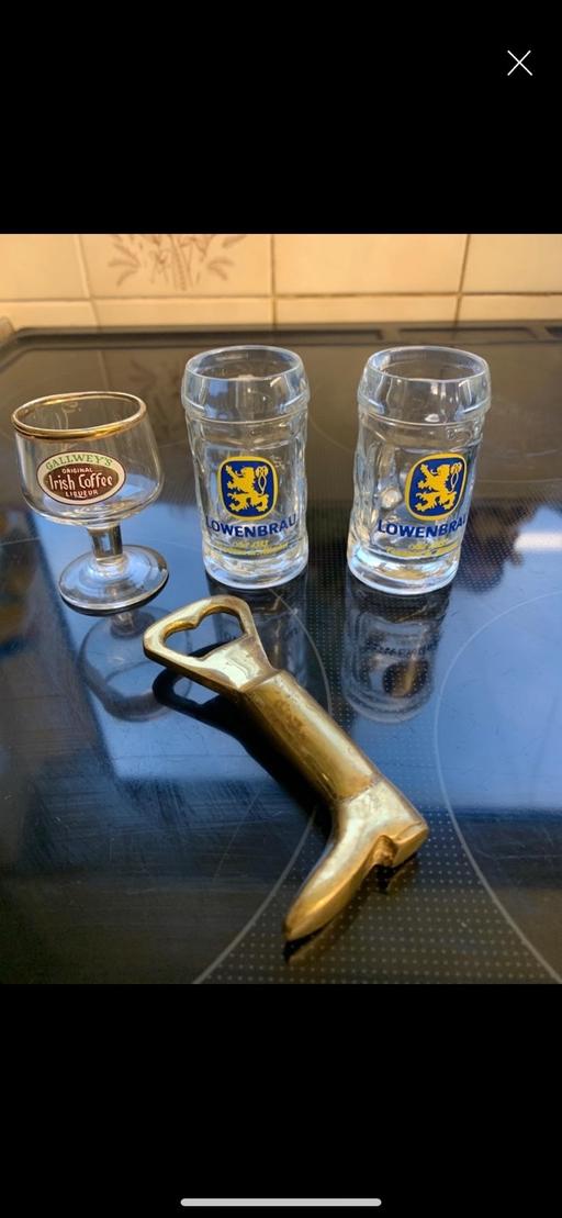  — Brass bottle opener & miniature glass’s