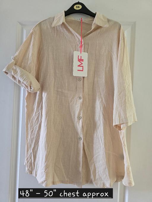  — LMF beige crinkle oversized linen-blend
