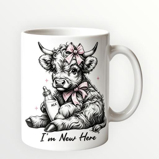  — 11oz ceramic sublimation I’m new here cow mug