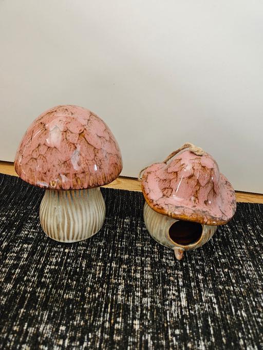  — ceramic bird house and mushroom