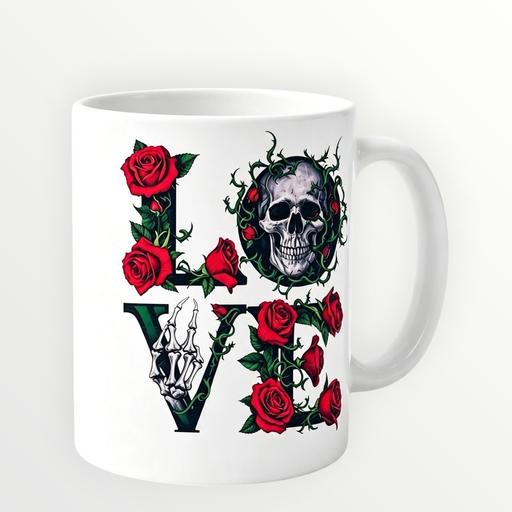  — New11oz mug with red rose and skull graphic