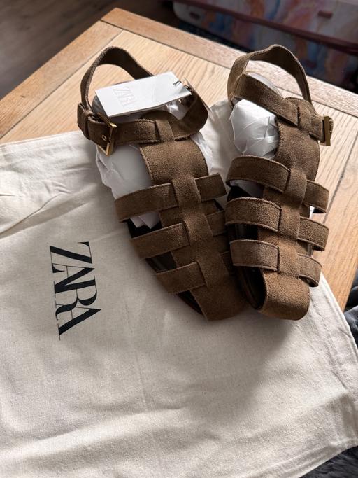  — Zara split suede sandals (dark tan)