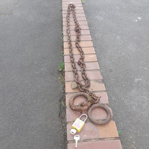  — 8 foot Old Heavy Chain With , Rings & Padlock