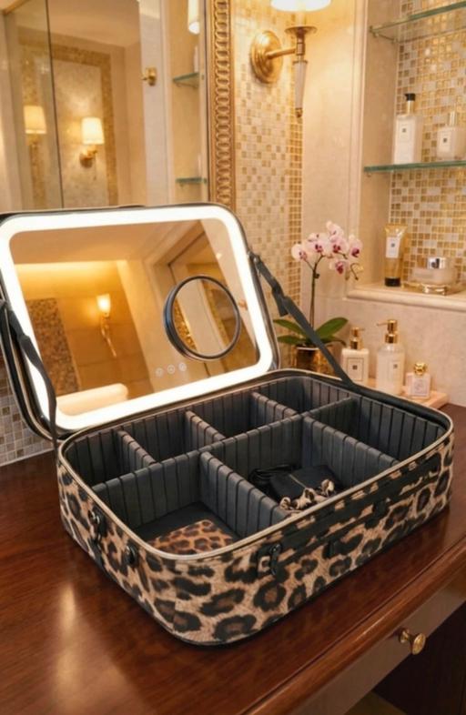  — Large leopard make up travel case with LED 🪞