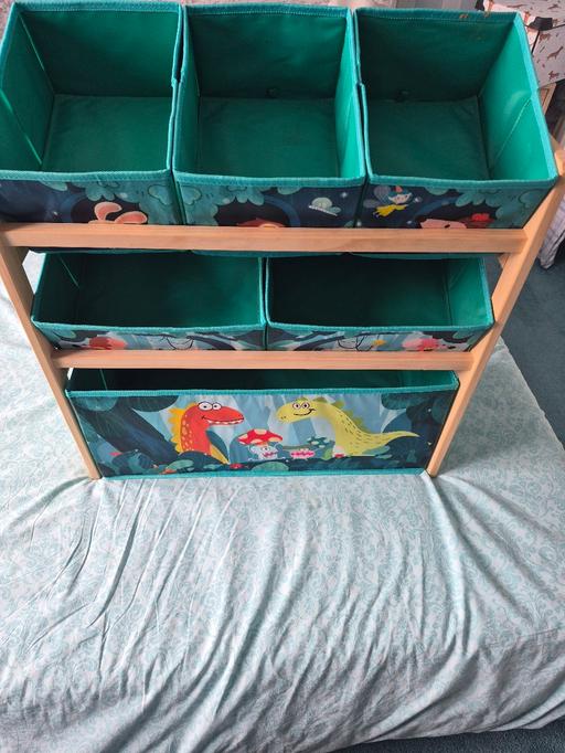  — Kids wooden storage unit with fabric bins