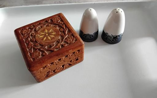  — retro cruet set & small hand carved wood box